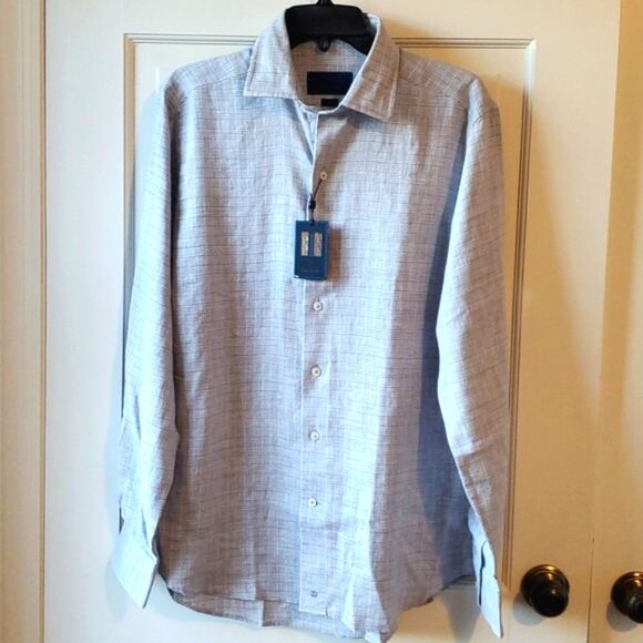 NWT DAVID DONOHUE GLEN PLAID DRESS SHIRT GRAY WHITE SZ MEDIUM 15.5 LINEN COTTON - Picture 2 of 8